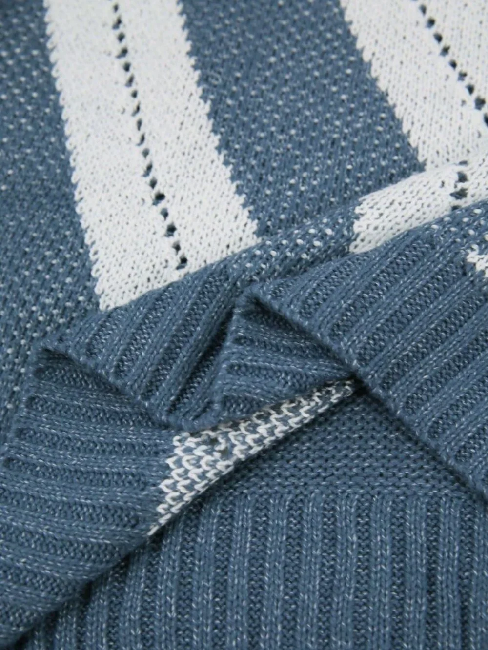 Blue Casual Women's Plus Size Open Shoulder High Collar Cable Knit Sweater